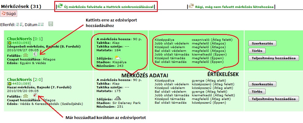 Mérkőzések oldal